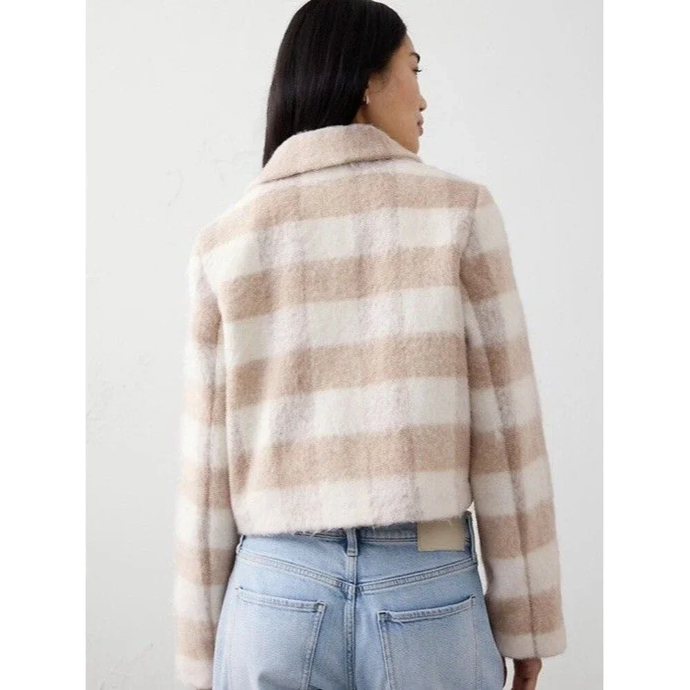 Banana Republic Neutral Plaid Boucle Cropped Zip Jacket Women PL Wool Blend